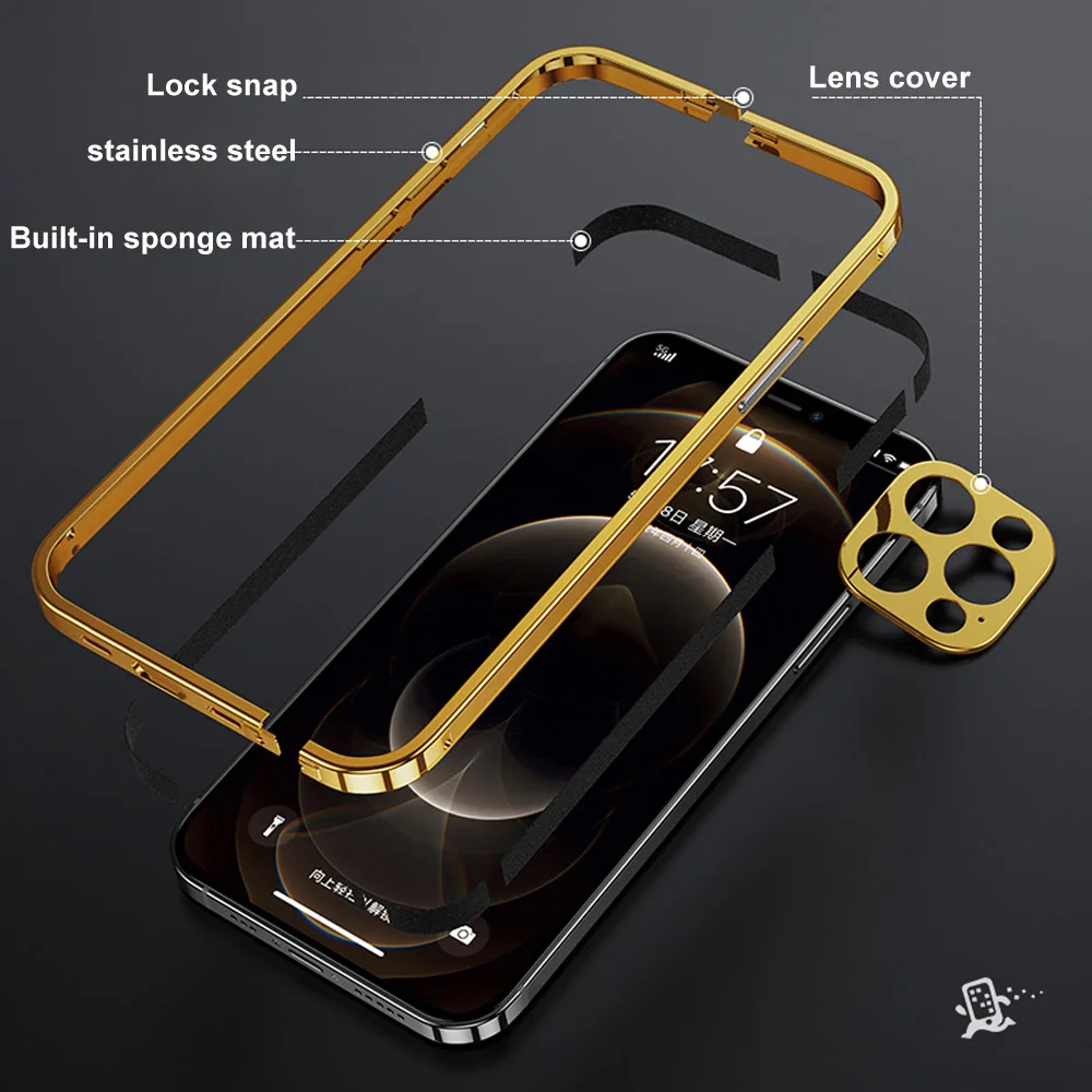 Luxury Metal Frame Lens Protection for iPhone 12 13 Mini Pro Max Aluminum  Phone Case for iPhone 11 Matte Translucent Back Cover,Gold,for iPhone 12 pro