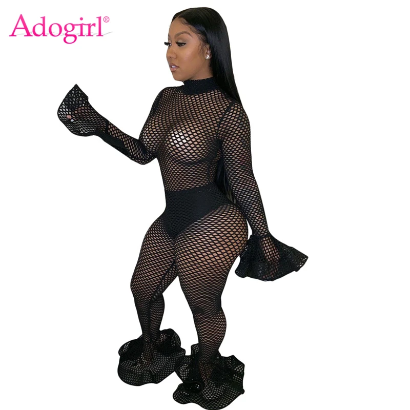 Adogirl/осень 2019, сетчатый обтягивающий костюм в сеточку, водолазка с расклешенными рукавами, модный сексуальный комбинезон, штаны для ног