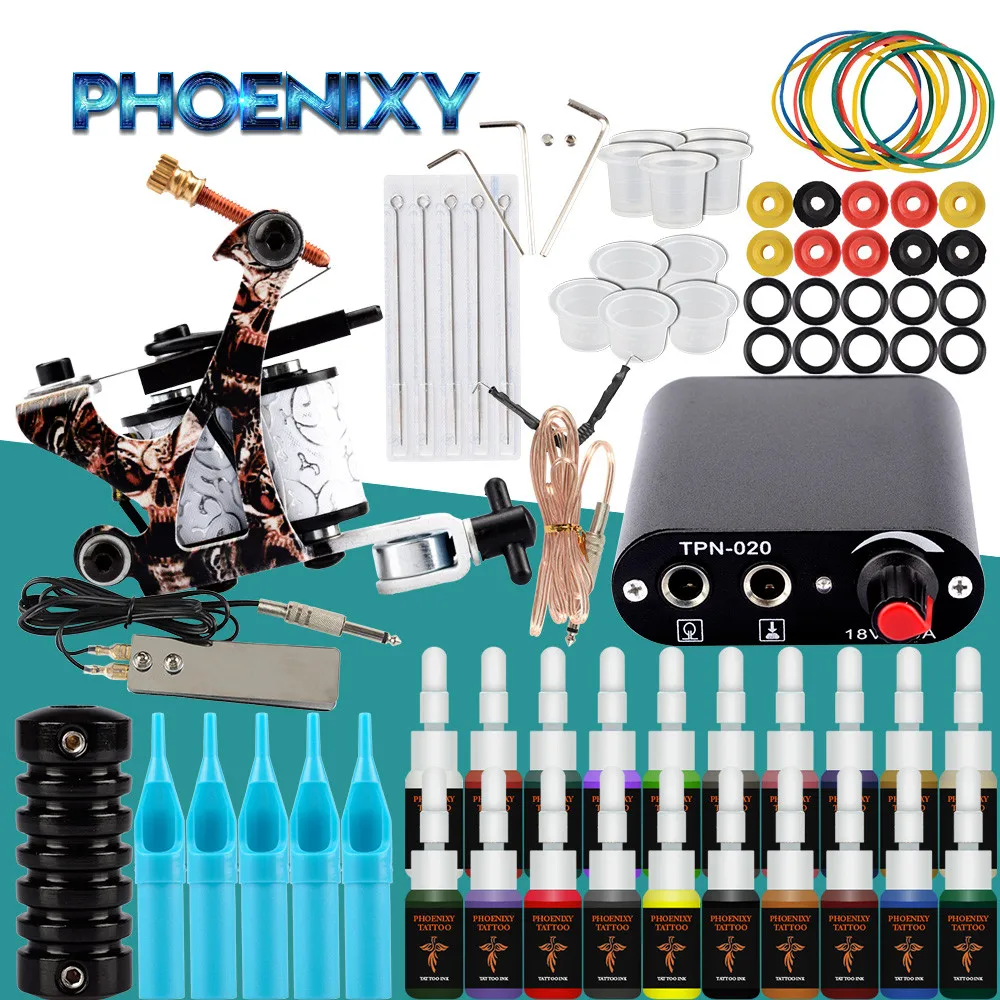 Goedkoop Compleet Tattoo Kits Een Tattoo Machine Gun 8 Wrap Coils 4 PC Inkt Pigment Voeding Permanente Make Beginner Tattoo set