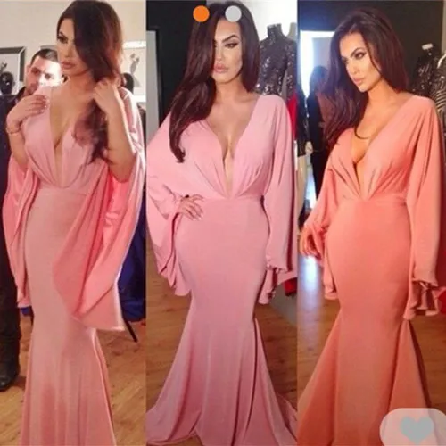 

Deep V Neck Pink Long Sleeve robe de soiree Evening party gown robe de mariee Elegant Mermaid 2018 mother of the bride dresses