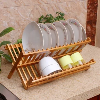 

Folding Dish Rack Bamboo Kitchen Storage Rack Foldable Dish Drainer Plate Holder Kitchen Tools