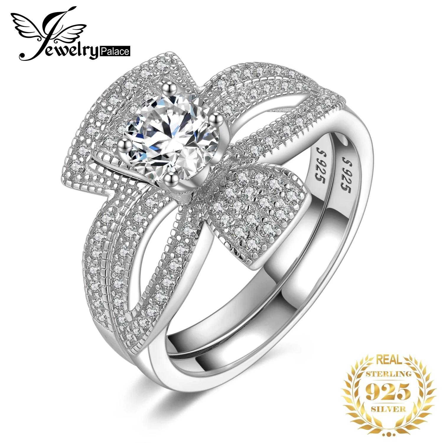 JewelryPalace круглый 1ct кубического циркония Флора с бантом из ленты; Разделение хвостовиком Обручение кольцо устанавливает 925 пробы Серебряные ювелирные изделия Модные