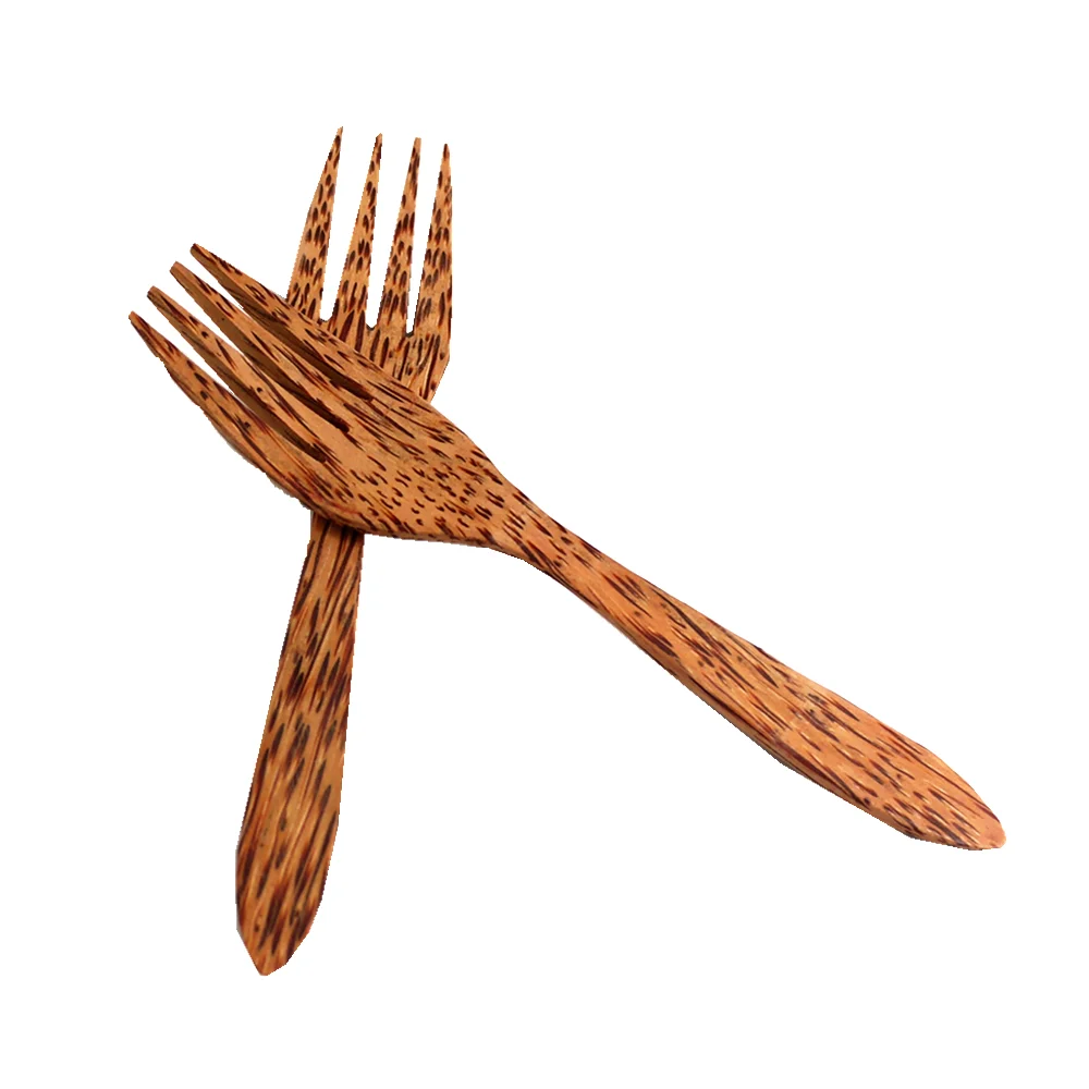 2pcs forks Органические кокосовые пальмовые деревянные столовые приборы натуральный бамбук Деревянные кокосовые вилки ложка палочки для еды миска из скорлупы кокоса столовые приборы - Цвет: 2pcs forks