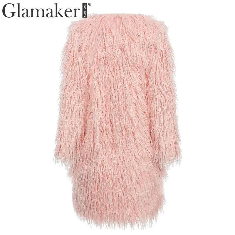Glamaker из искусственного меха, теплое модное пальто, женское сексуальное длинное розовое плюшевое меховое пальто, Осень-зима, Свободные Плюшевые вечерние пальто клубного размера плюс
