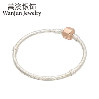 

Wanjun Jewelry 100% High Quality 925 Sterling Rose Gold Lettered Buckle Thread Base-Snake Bones Chain Bracelets Gift