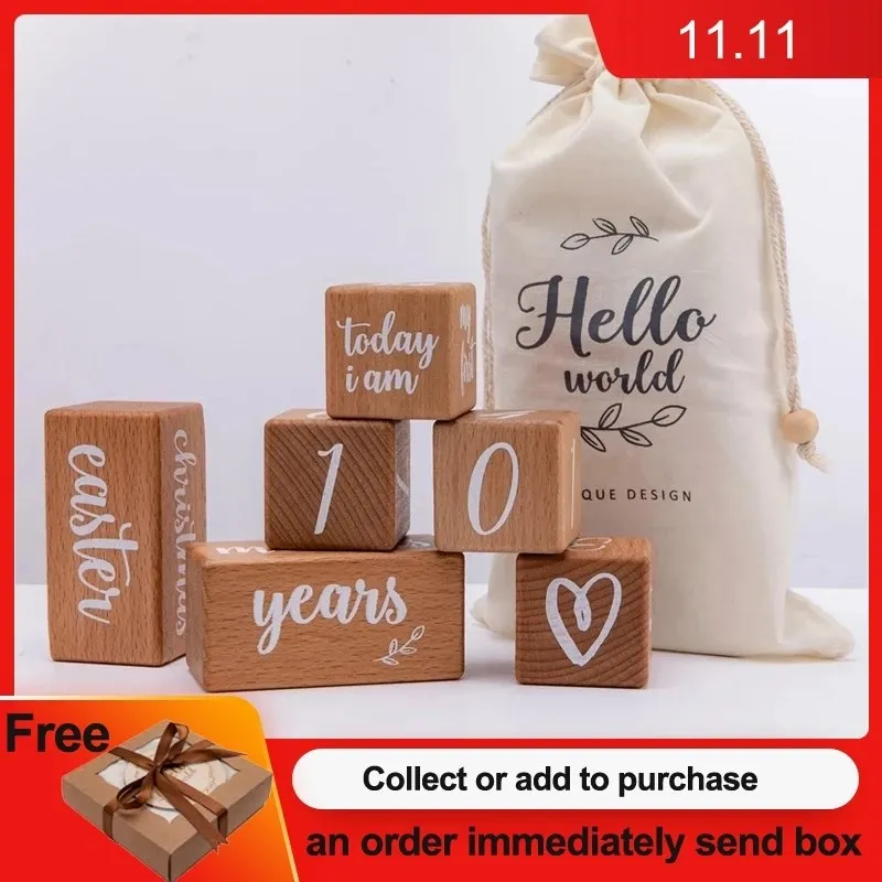 1Set Baby Month Milestone Card Beech Wooden Blocks Square Engraved Stacking Toys Newborn Birth Month Birthday Photography Props