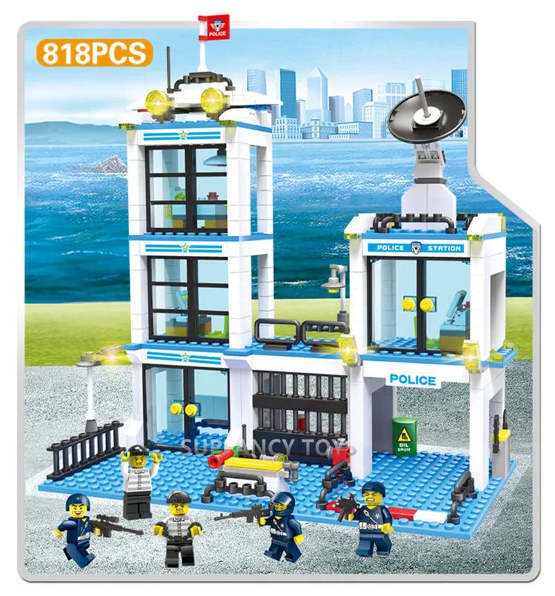 Blocos de Construção Educativos para Crianças Cidade Polícia Estação Conjuntos Helicóptero Navio Swat Carro Crianças Faça Você Mesmo Tijolos Brinquedos 818 Pcs 5 construção conjuntos helicóptero navio swat carro crianças