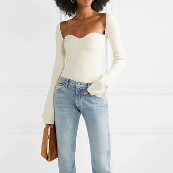

Korea White Side Split Knitted Women's Sweater Square Collar Long Sleeve Asymmetric Sweaters Female Fashion New Clothes2020 W096