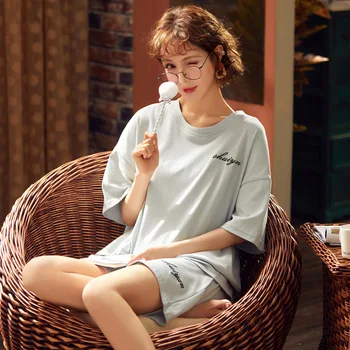 

Summer Pajamas Women's Pure Cotton Short Sleeve Thin Students Cute Solid Color Sports Shorts Korean-style Home Wear Two-Piece Se