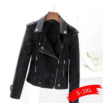 

2020 New Design Spring Autumn PU Leather Jacket Faux Soft Leather Coat Slim Black Rivet Zipper Motorcycle Pink Jackets