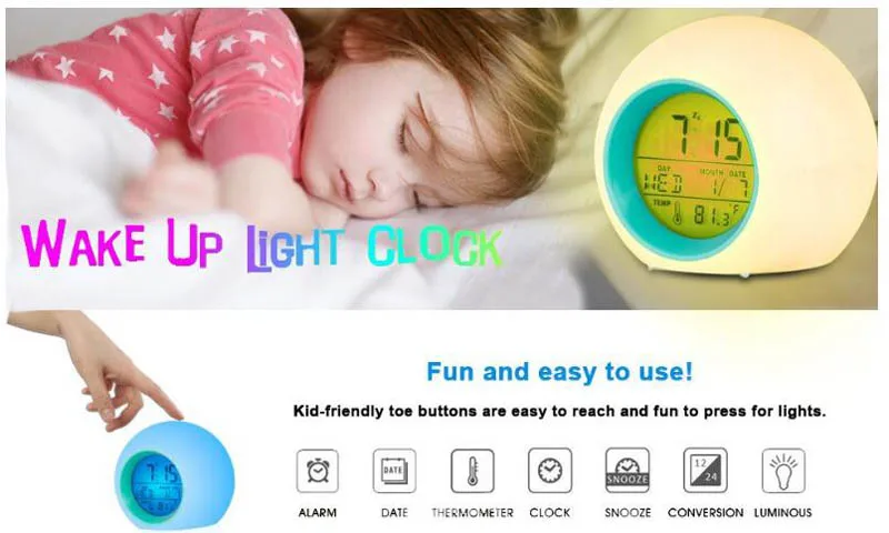 Child birthday present Creative round colorful alarm Warm clock Color night light alarm clock Bedside children alarm clock