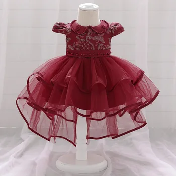 

Princess girl applique beaded tulle dress child baby girl flower bubble sleeve princess wedding party dress pageant tulle skirt