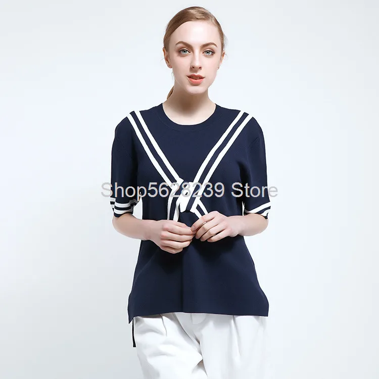 

2020 Summer Female Wool Knitting Shirt Dumb Light Hyperbolic Check Pattern Round Neck Five Points Sleeve Loose Pullover Shirt