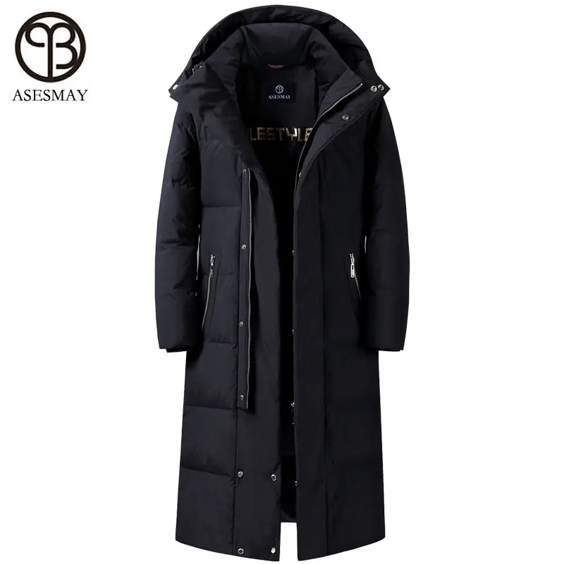 Asesmean брендовая одежда мужская пуховая куртка зимние пальто толстые теплые модные длинные пальто зимние парки Стильная верхняя одежда с гусиным пухом - Цвет: Black