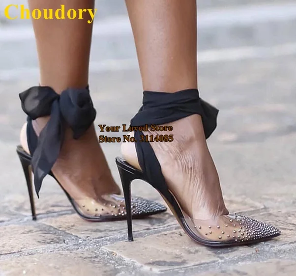 Прозрачные ПВХ блестящие свадебные туфли Choudory с кристаллами черные белые