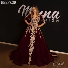 Роскошное бордовое бархатное арабское вечернее платье с длинными рукавами и v-образным вырезом, золотистые Аппликации, вечерние платья для выпускного вечера в Дубае, новинка, Robe De Soiree