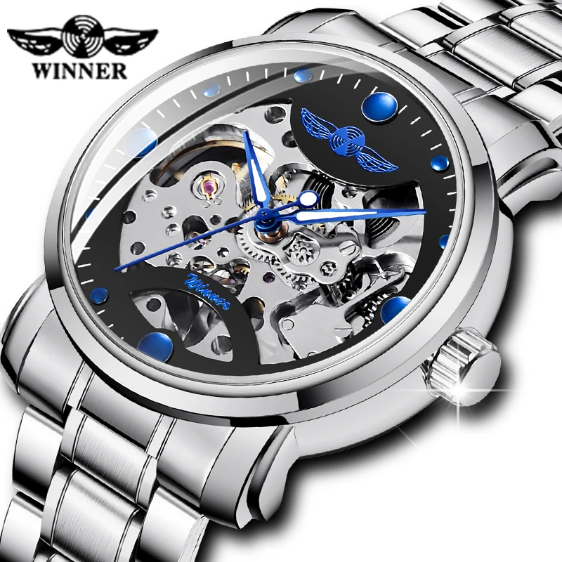 

Top Brand WINNER Blue Hands Stainless Steel Skeleton Open Work Design Automatic Men Wrist Watch Luxury Mechanical Luminous Clock