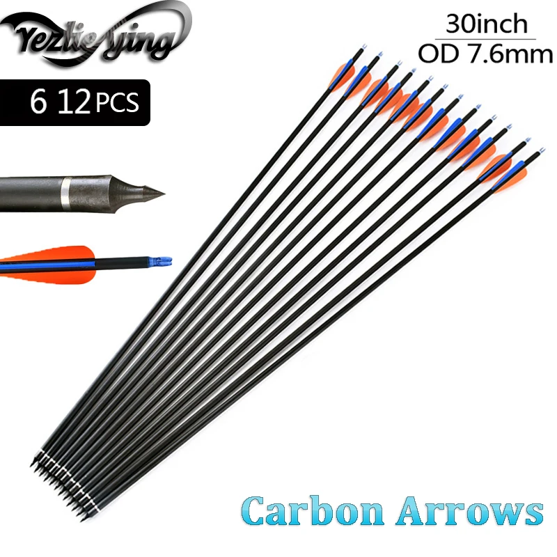 

6/12Pcs 30 Inch Arrow carbon Spine 500 OD7.6mm Orange Blue Feather for bow and arrows for adults Hunting Archery
