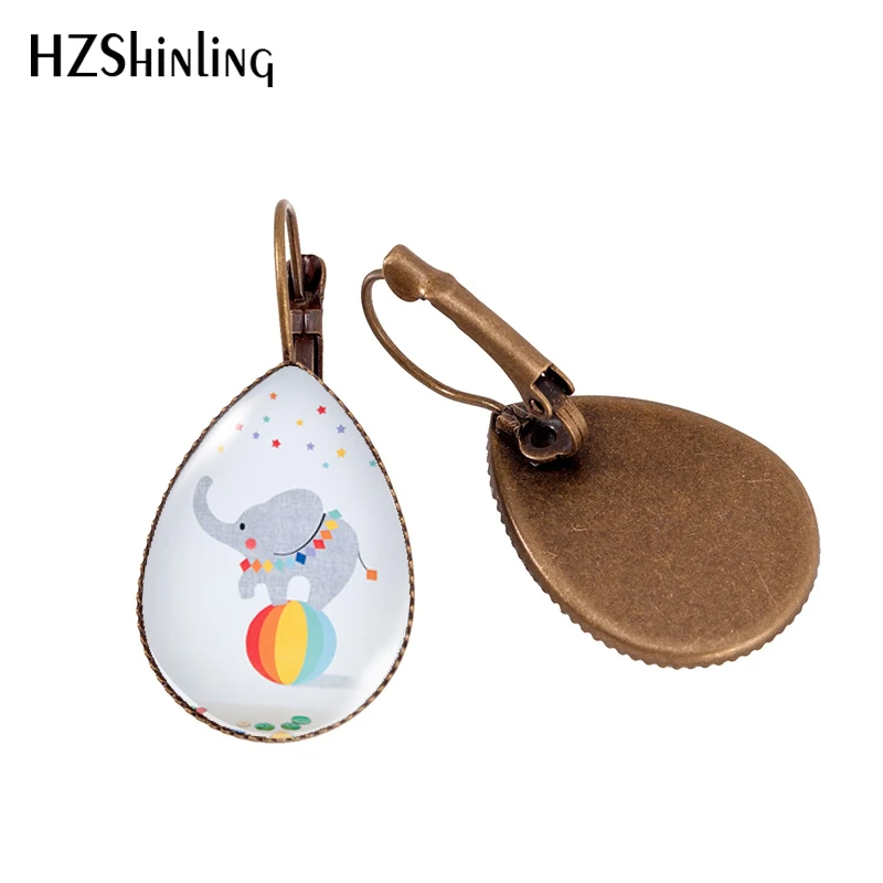 New Rainbow Elephant Tear Drop Ear Clip Animal Art Earring Clips Glass Dome Elephants Jewelry