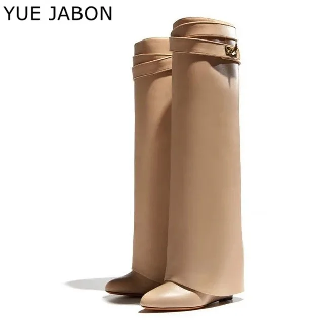 

Metal Shark lock Women Boots Women Wedge Shoes Genuine Leather Pointed Toe Long Boots Height Increasing Botas Mujer Shoes Women