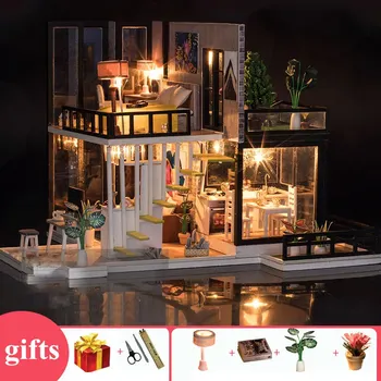 

New Diy Big Doll House Wooden Doll Houses Kitchen Miniature Villa Dollhouse Kast Furniture Kit Travaux Manuels Adulte Oyuncak Ev