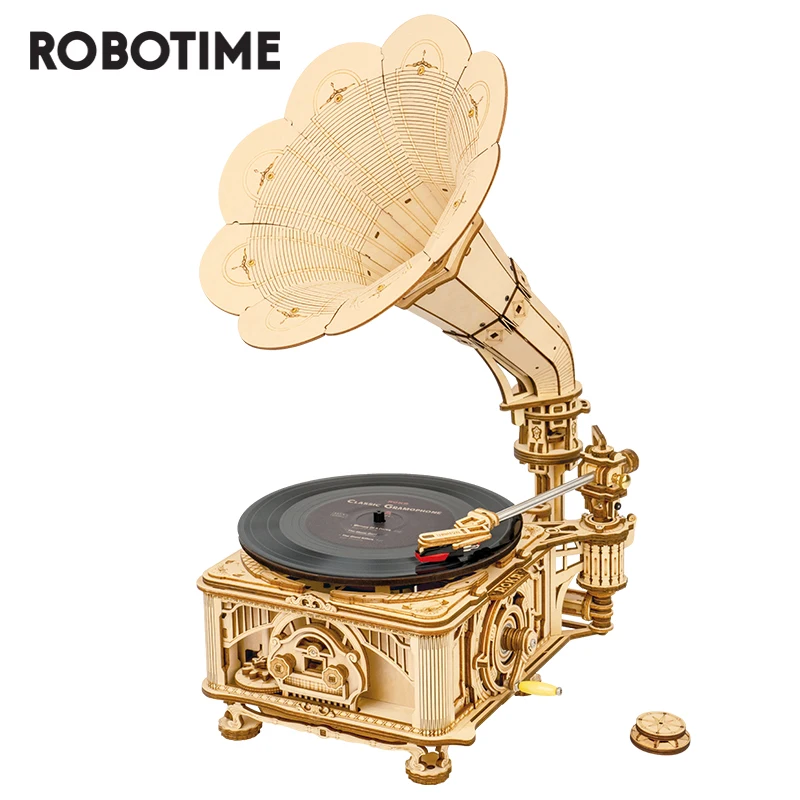 Photo Product Robotime ROKR DIY Hand Crank Classic Gramophone Wooden Puzzle Model Building Kits Assembly Toy Gift for Children LKB01