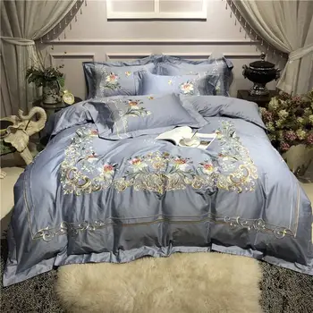 

40Luxury blue egyptian cotton Bedding set queen king size bedsheet/fitted sheet embroidery duvet covr ropa de cama/linge de lit