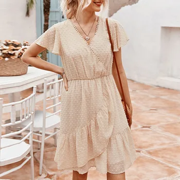 

Fashionable women's solid color embroidered dress V-neck short-sleeved knee dress fur ball ruffle casual clothing