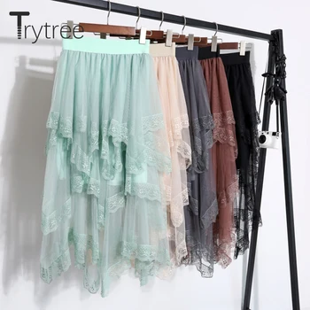 

Trytree 2020 Spring Casual Women Skirt Mesh Lace Irregularity Patchwork 5 Colors Elastic Waist Fashion Office Lady Skirt