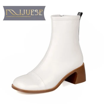 

MLJUESE 2021 women soft ankle boots cow leather zippers boots winter short plush square toe high heels women boots