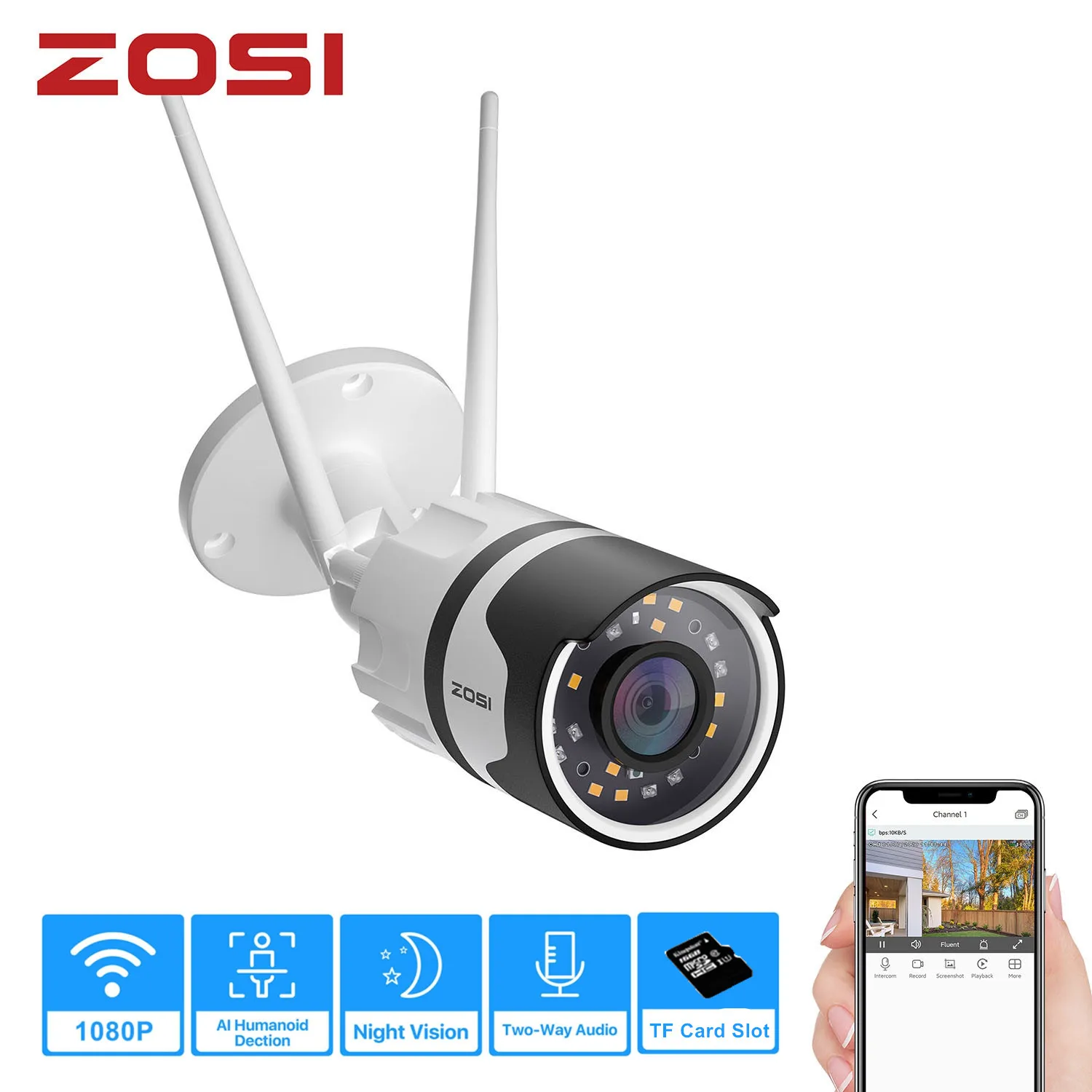 ZOSI 1080p Spotlight Outdoor WiFi Camera H.265 Waterproof AI Human Detection Color Night vision 2-Way Audio Wireless IP Cam