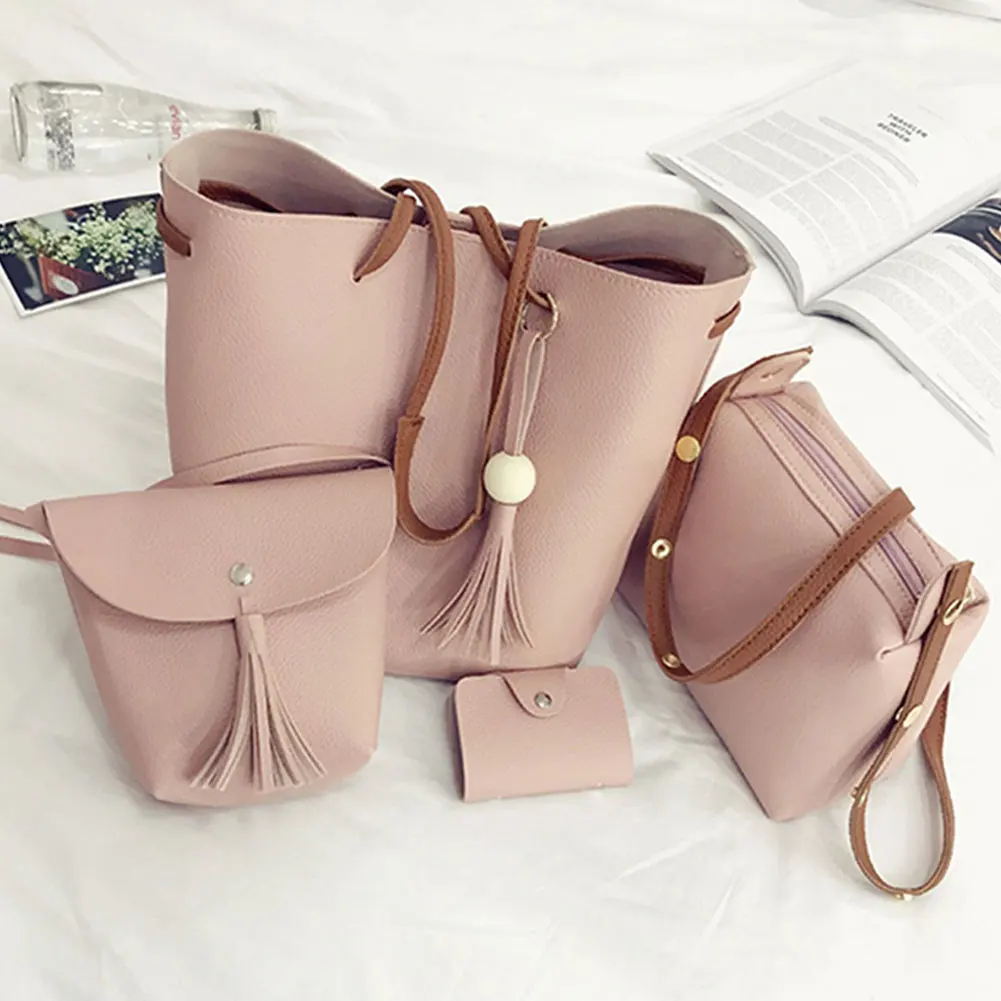 pink Композитные сумки для женщин из искусственной кожи тоут+ сумка на плечо+ кошелек модные женские сумки набор сумка-мешок с кисточками - Цвет: pink