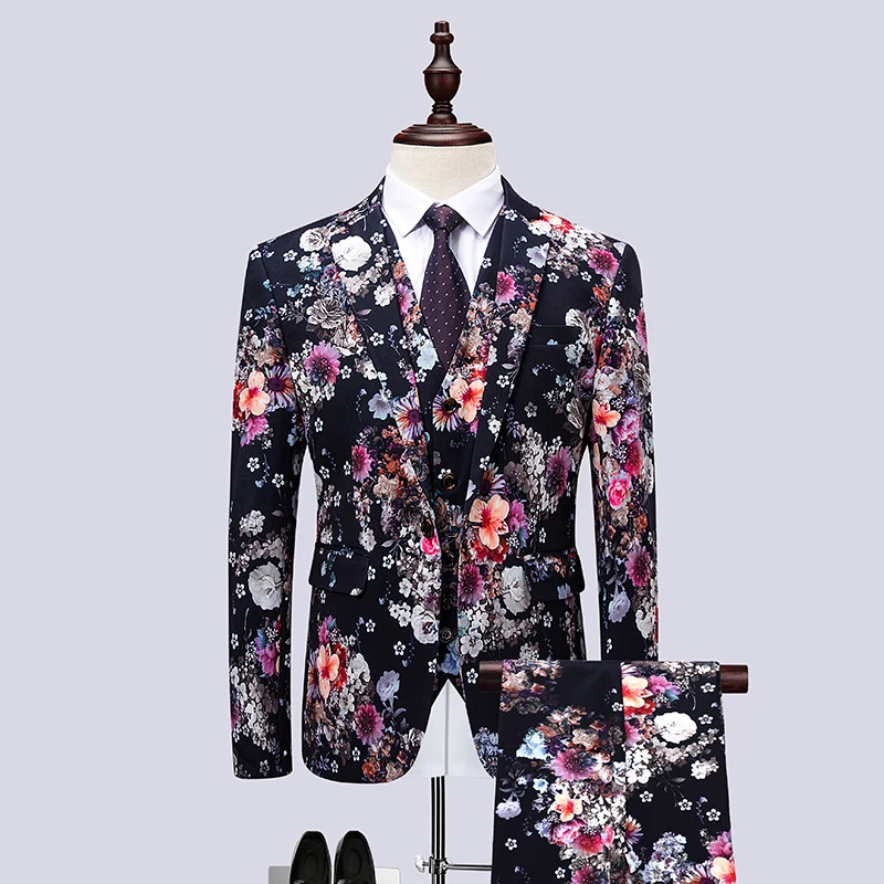 

Latest Flower Print Slim Wedding groom Tuxedo Suit Fashion Hight Quality Singer Stage costume designer Men Suit 3 pcs set
