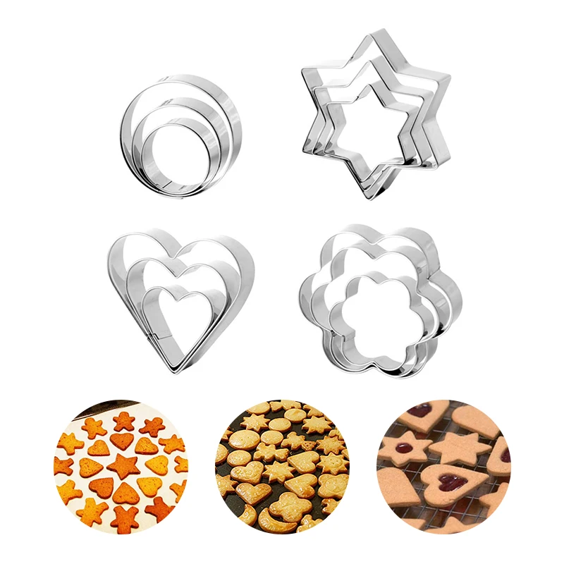 

12Pcs/Set Stainless Steel Cookie Cutters Biscuit Moulds Heart Round Flower Shape Fondant Pastry Decorating Tools Baking Mold