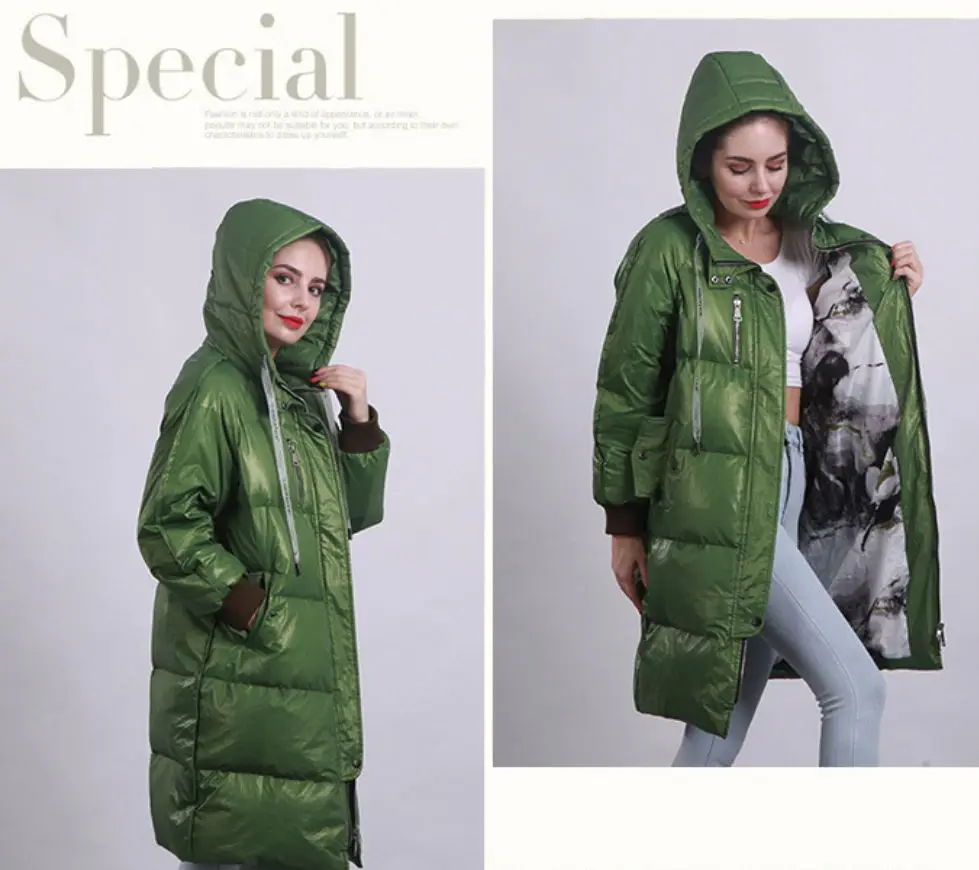 Down Jacket Female New Long Hooded Casual Loose Winter Warm Women's Down jacket green
