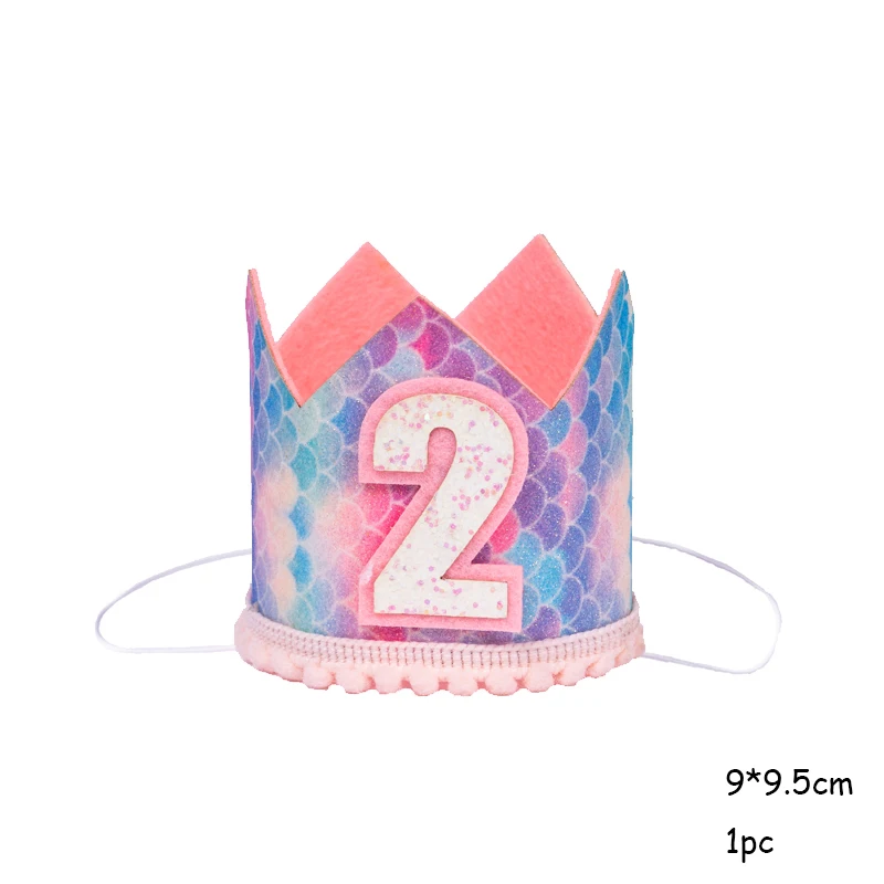 Scale crown 2 Красочный день рождения радуга Корона Кепки 1/2/3 лет детей Baby Shower в форме рыбьего хвоста шляпа с веревкой Happy ободок для дня рождения вечерние Декор - Цвет: Scale crown 2