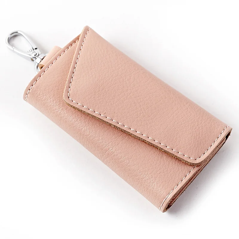 Кожаный карман для ключей из натуральной коровьей кожи черная сумка для ключей Мини кредитные Чехлы для карт и ключей Чехол Органайзер женский чехол для ключей сумка - Цвет: Pink