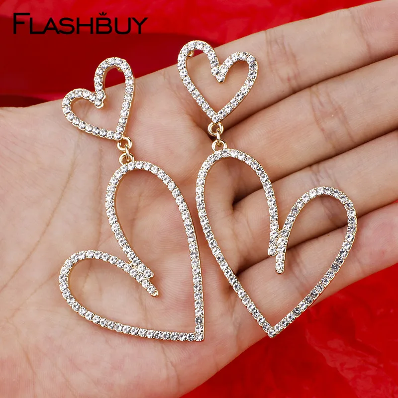 Flashbuy, модные женские серьги-капли с металлическим сердцем, стразы, двухслойные серьги, свадебные серьги, модные ювелирные изделия