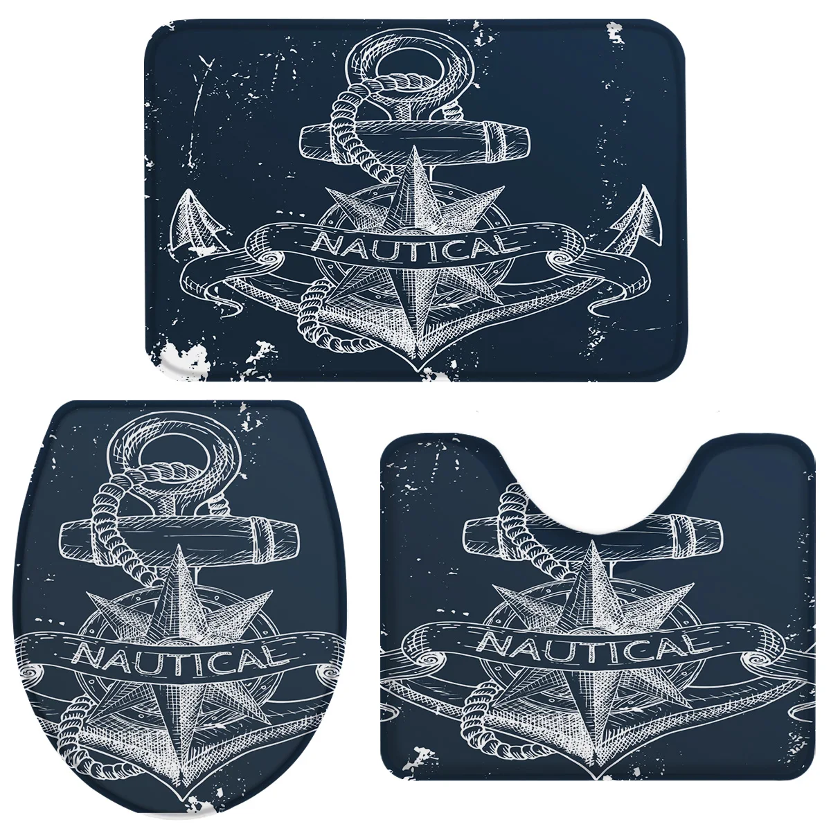 3 Pieces Bathroom Set Nautical Anchor Deep Blue Bath Toilet Nautical Anchor Deep Blue Bath Set