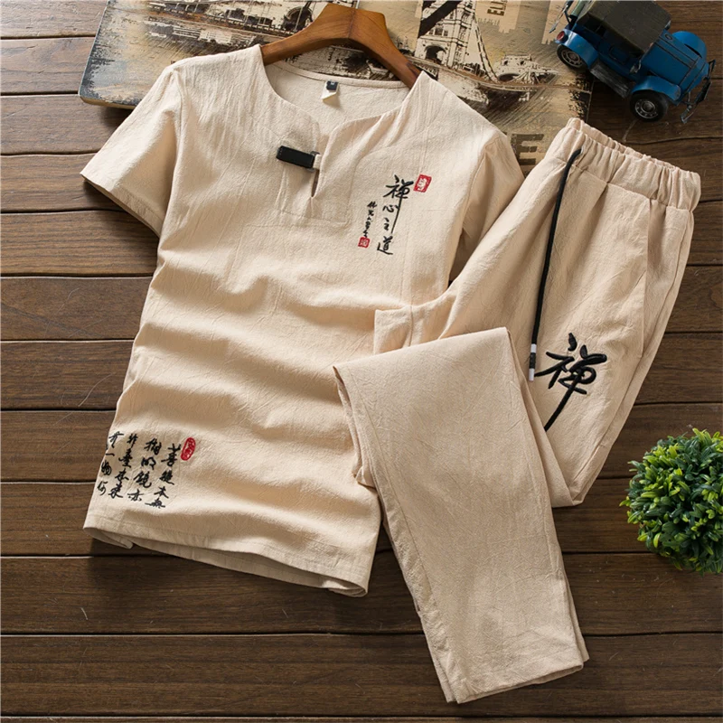 

Summer men's short sleeve suit pants men's Chinese youth T-shirt V collar slim summer two-piece fashion