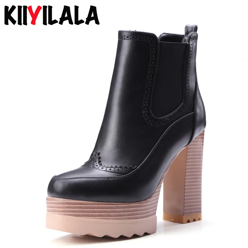 

Kiiyilala Sewing Wood Grain Platform Boots Women Shoes Elastic Band Slip-on Ankle Boots Autumn Round Toe Woman Boots Size 33-42