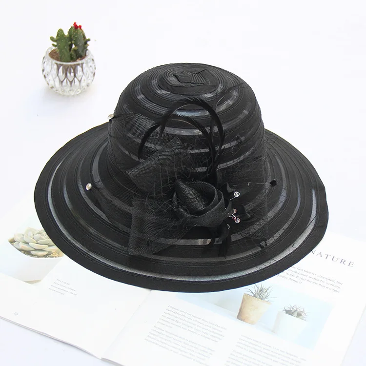 Солнцезащитная пряжа Fedoras Женская Летняя шляпка полосатые пляжные шляпы Модные цветы церковные женские кепки s вечерние уличные Женская шапочка H6504 - Цвет: Черный