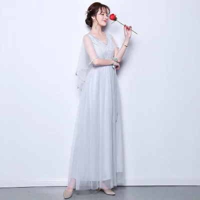 Кружевное Свадебное платье подружки невесты с v-образным вырезом Vestido Azul Marino, длинное серое Тюлевое платье подружки невесты, простое сексуальное платье на выпускной - Color: gray long V11