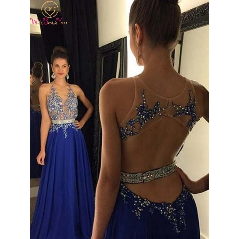 

Royal Blue A-line Prom Dresses 2019 Elegant Crystal Formal Party Sexy Long Evening Gowns Tulle vestidos de gala Walk Beside You