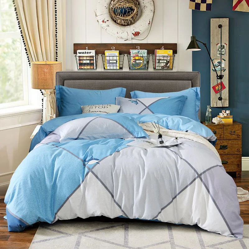 Хлопок постельных принадлежностей утолщенный шлифовальный Полосатый плед стиль Удобная простыня пододеяльник наволочка 4 шт. Комплект постельного белья