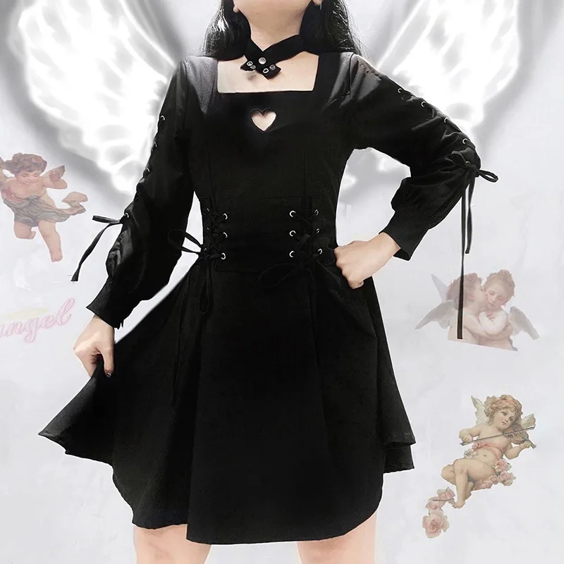 

JIEZuoFang Purple Black Lolita Dress Lace Up Waist Puff Sleeve Heart Hollow Out Gothic Fit And Flare Korea Autumn Sweet Dress