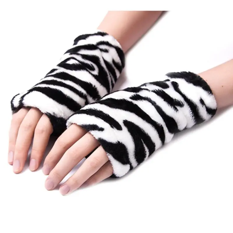 Унисекс Зимние толстые фланелевые перчатки без пальцев в полоску леопардовые тепловые перчатки для рук