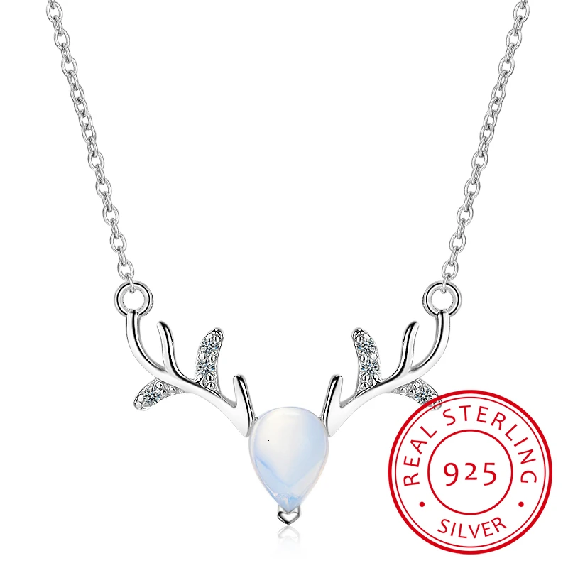 NEW Fashion 925 Sterling Silver Moonstone Elk Antlers Deer Pendant Necklace 