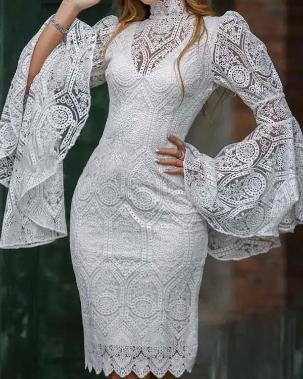 العلامة التجارية جودة المرأة فساتين مطرزة الخريف الوقوف طوق مضيئة كم طويل Bodycon فستان أبيض الدانتيل موضة حفلة Vestidos Dresses Aliexpress
