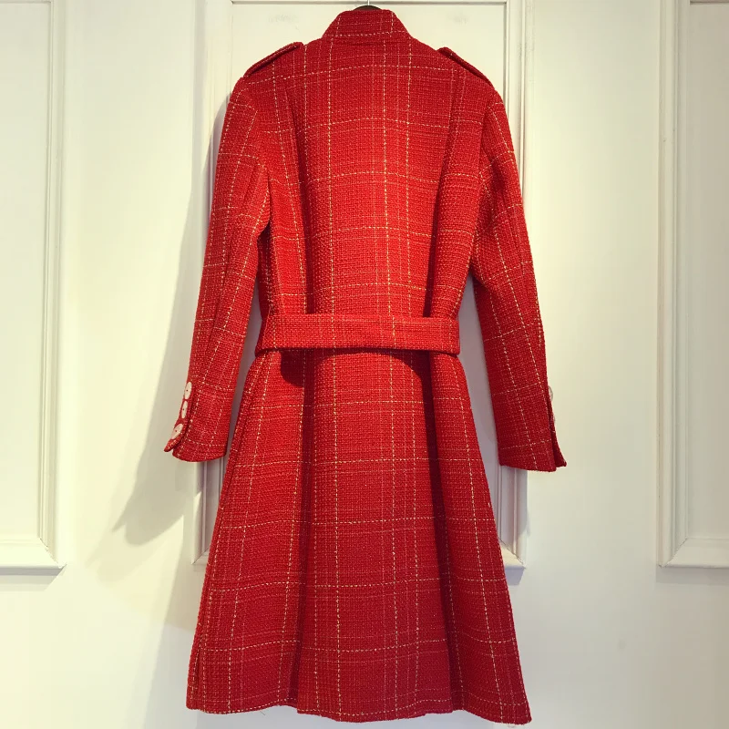 Высокое качество Подиум осень зима Dow твидовое шерстяное пальто Модные женские однобортные толстые клетчатые красные шерстяные пояса шерстяное пальто